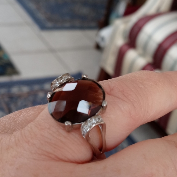 New-Smokey Quartz & White Topaz 925 SS Ring - Picture 4 of 13